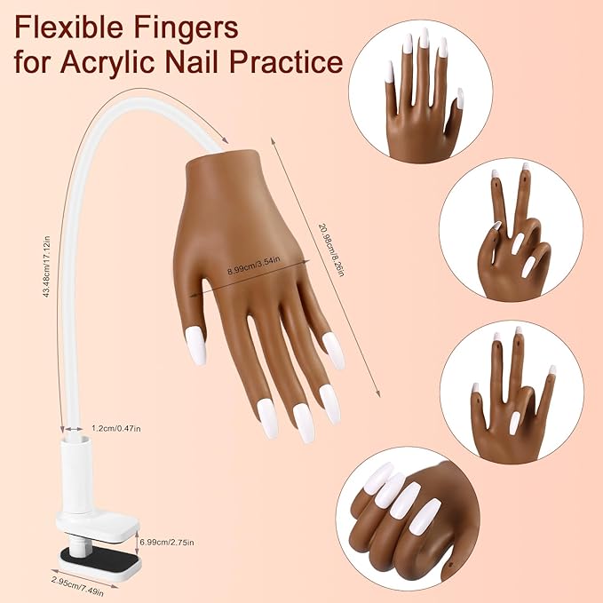 Practice Hand for Acrylic Nails, Acrylic Nail Training Mat , Manicure Trainng Hand Nail Kit for Beginners,Movable Nail Maniquin Hand with 50PCS Nail Tips,Acrylic powder, Brush and Clipper(Brown)