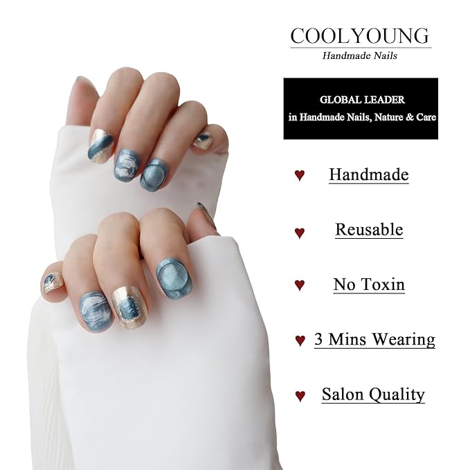 Handmade Nails Blue 3D Press On Nails Acrylic Press Ons Short Handmade Natural Nails Durable Press On Nails Ladies Gifts COOLYOUNG False Nails, 10 PCS, Size L