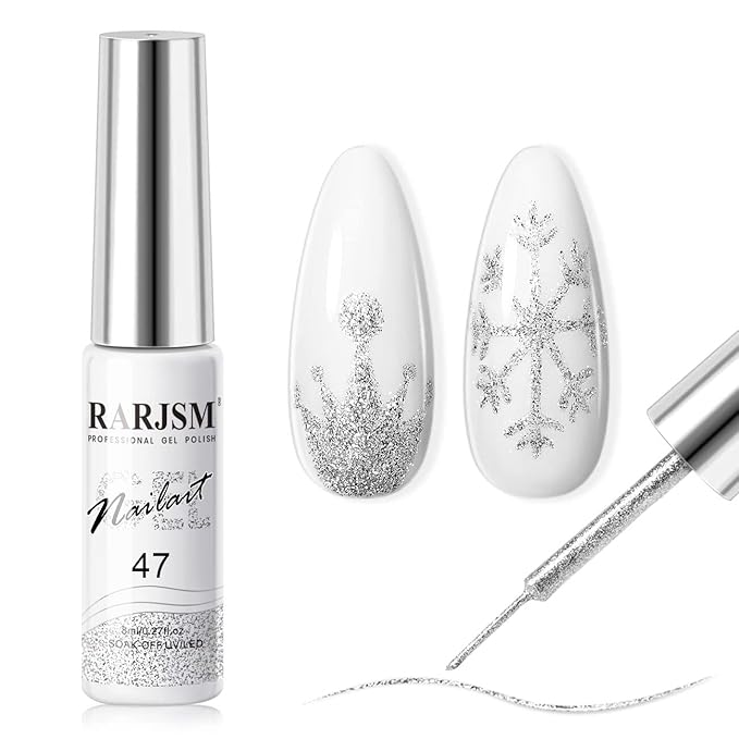 RARJSM Gel Liner Nail Art Silver Glitter Design Gel Nail Polish 1 Bottle 8ml Soak off UV LED Curing Requires Build in Thin Brush Striper GelPolish for Home Salon Diy Nail Manicure Painting Decoration