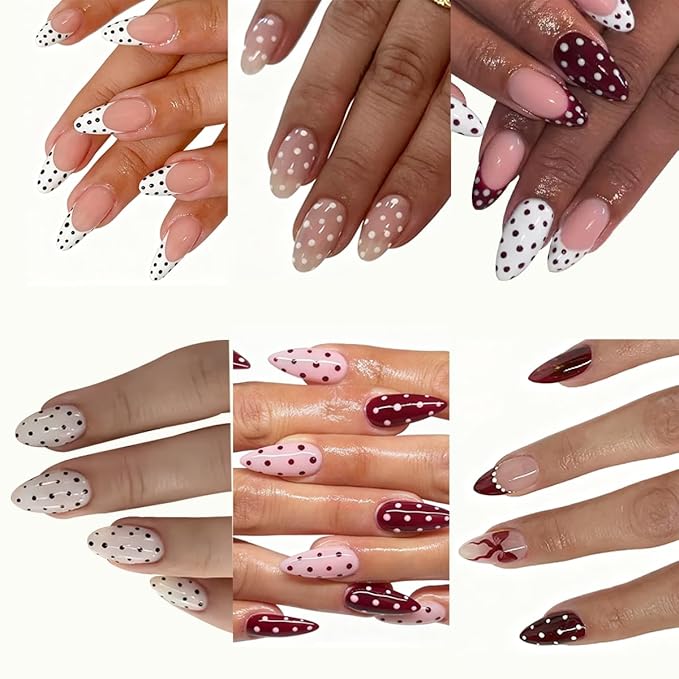 6 Packs (144 Pcs) Press on Nails Medium Almond Fake Nails with Designs Polka Dot Glue on Nails Cute False Nails Full Cover Glossy Acrylic Stick on Nail for Women Girls Manicure