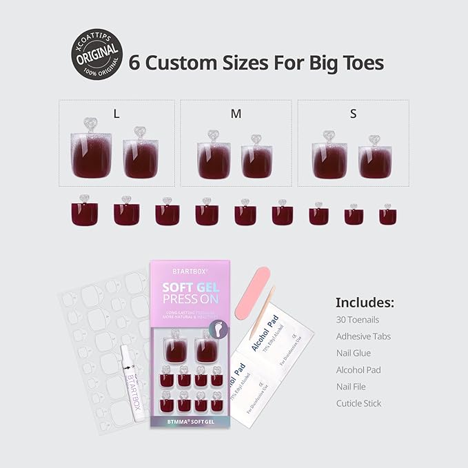 BTArtbox Press On Toenails - Sharp Square Opaque Red Toe Nail Press Ons with Glue for Women, Glitter Fake Toe Nail Tips in 15 Sizes - 30 Toenails Kit, Crimson Chaos