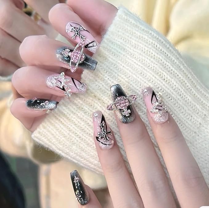 Gel Press on Nails long,Handmade Salon Quality Thick Acrylic Strong Punk Cat Eye Designs Fake Nails Press on,Reusable Stick On 10 Nails Size S #105