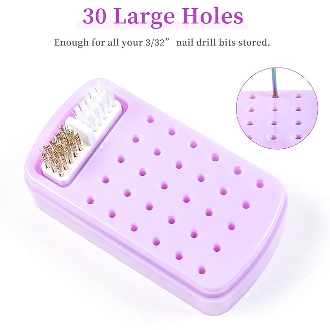 2 in 1 Nail Drill Bits Holder & Nail Drill Bits Cleaning Brush Case 30 Holes (Purple)