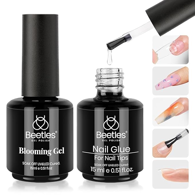 Beetles Nail Glue and Blooming Gel Set - 15ml 2Pcs Nail Art Gel for Blooming Marble Effects and Strong Nail Tips Bonding, Nail Supplies for Salon or DIY Manicure at Home