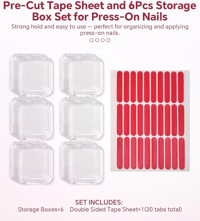 6 Pcs Clear Nail Organizer Box & 30 Pcs Adhesive Tape Press On Nails Storage Case for Salon False Nail Display Nail Business Supplies Nail Packaging Fake Nail Holder
