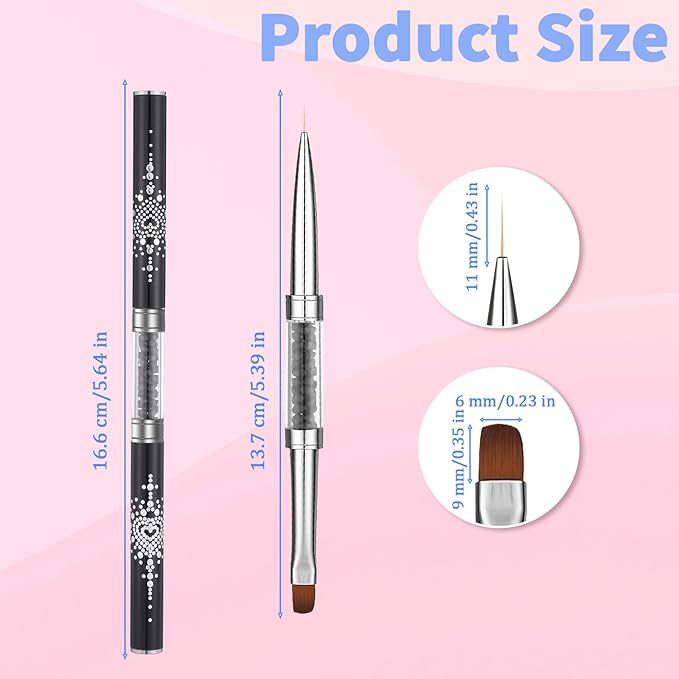 2 Pcs Nail Builder Gel Brush Double Ended, French Tip Liner Brush Black Nail Design Brushs with Rhinestone Handle Nails Drawing Brushes Nail-Liner Brushes for Design UV Hard Gel Nails