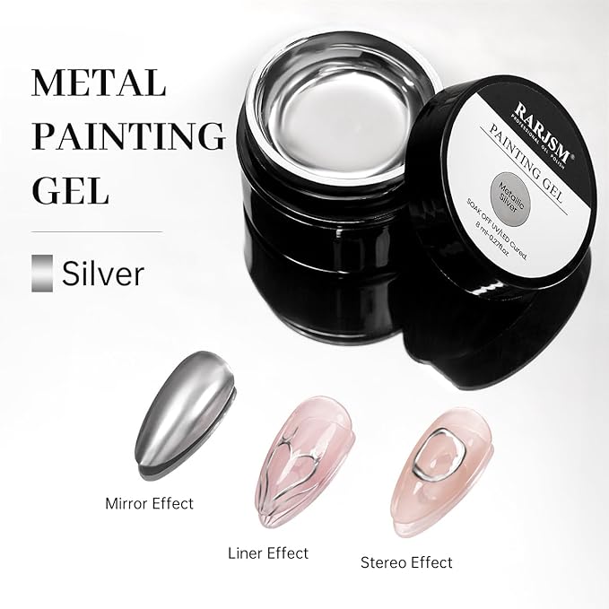 RARJSM Metallic Painting Gel Nail Polish Silver Chrome 3D Metal Painted Drawing Gel Polish 8ml Liquid Mirror Effect Glossy Shine Soak Off Curing Need Home Salon DIY Nail Art Liner Design Manicure