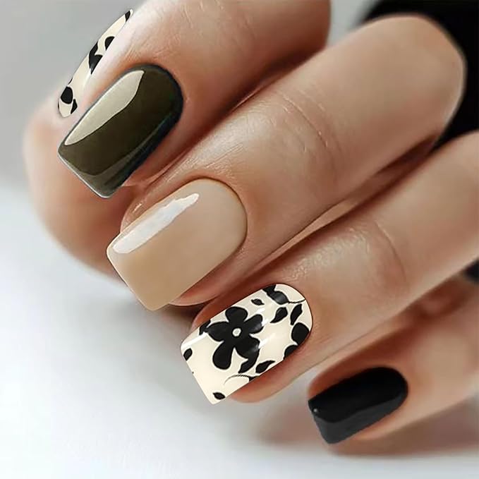 20Pcs Black Semi Cured Gel Nail Strips Summer Gel Nail Stickers UV/LED Light Needed Full Polish Flower Nails Wraps with Design Glossy Self Adhesive Nails Polish Strips for Women
