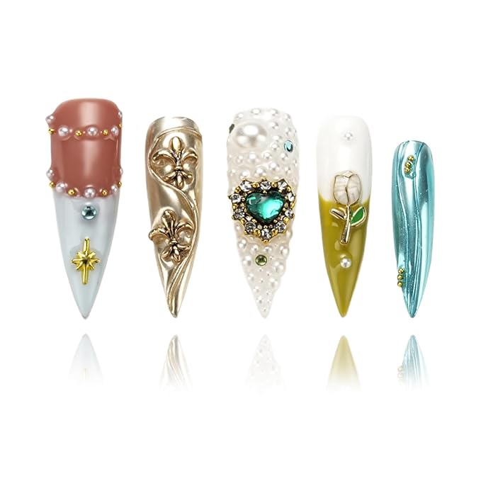 FORBELOVED NAILS,Shiny Colorful Gems,Heart Love,Flower Decorations,Luxury Handmade Press On Nails,Long Stiletto Glue On Nails,Pearls False Nails For Women And Girls,10Pcs/Set With Glue,(Yellow-M),FOB