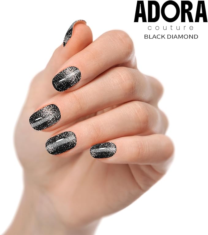 Semi-Cured Gel Nail Strips - 20 Salon-Quality Gel Sticker with UV Light Required, Long Lasting, Easy Application & Removal, Includes Prep Pad, Nail File, Wooden Stick – Black Diamond