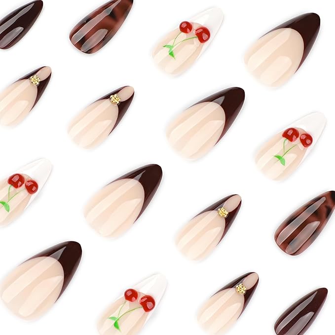 Long Almond Press on Nails Burgundy Nude Cherry Fake Nails with Gold Studs Elegant Vintage False Nail Stick on Nail for Women 24pcs