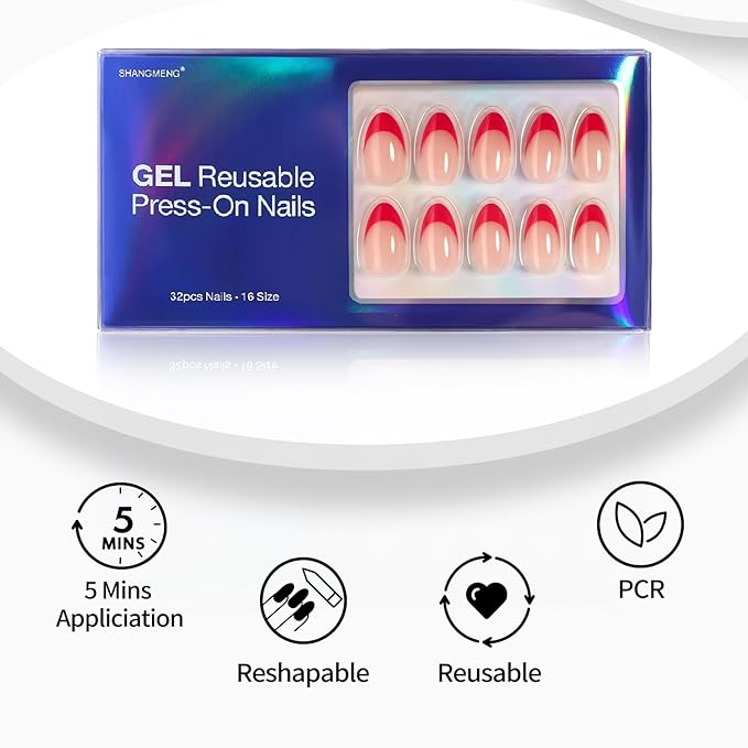 Red French Tip Press on Nails Short - SHANGMENG Soft Gel Valentines Almond Nails for Women Gift, Fit Perfectly & Natural Glue on Nails with Glue in 16 Sizes - 32 Reusable Fake Nails, Red French