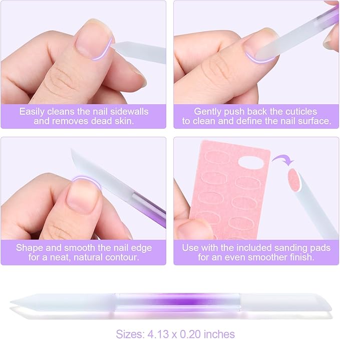 Glass Nail File and Cuticle Pusher Set, Dual-Ended Crystal Cuticle Stick with Sanding Pads, Gentle Prep and Care Tools for Natural Nails, Home Manicure & Pedicure Salon Supplies (#2)