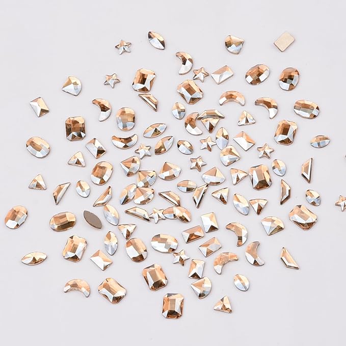 100pcs Multi Shape Glass Flatback Golden Shadow Nail Rhinestones 720pcs Loose Round Beads Diamond Mix Size Bulk Pack for Nails Art Supply