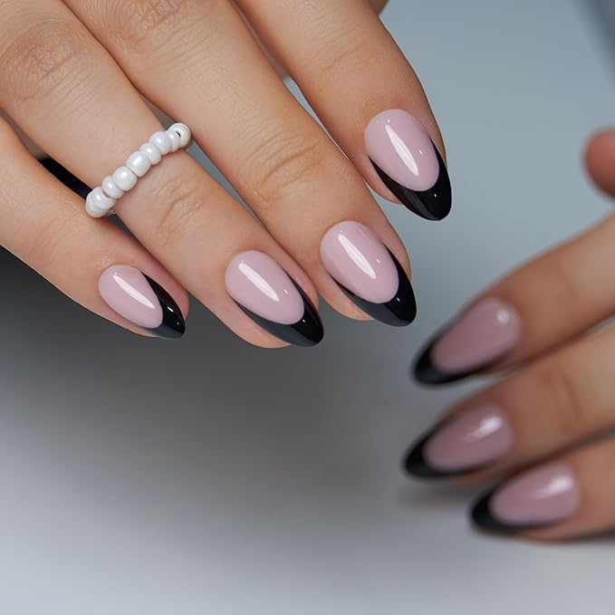 Curvlife Press On Nails Medium Almond Pink - Black Heart French Tip Press on Nails with Glue, Love Hearts Black Pink French Glossy Nude Fake Nails Long Lasting False Nail Tips for Women