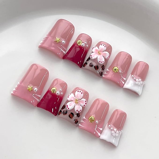 French Tip Press on Nails Handmade Short Duck 3D Flower Thick Acrylic Nails Cute Pink False Nails with Stars Leopard Print Shell Designs Beachy Glossy Fake Nail Sturdy Art Press on Nail 10Pcs(S)