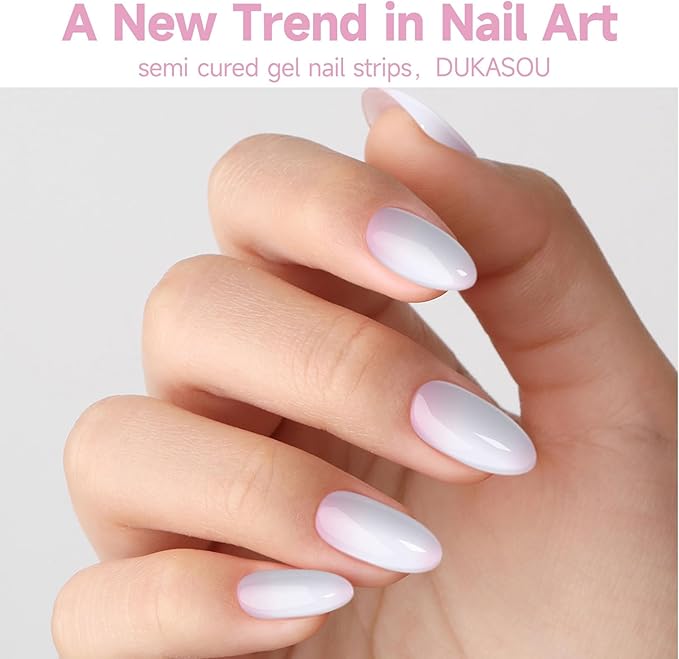 Semi Cured Gel Nail Strips,28 Pcs French Nail Stickers,Long Lasting Gel Strips with UV Light Rquried,Nail Art Stickers Easy to Apply（Clear）