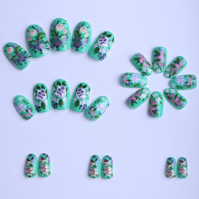 Bright Green Press on Nails Short Oval Fake Nails Intricate Flower Design Spring Summer Nails Press ons,Reusable & Easy Apply Stick on Nails for Women Manicure 24Pcs