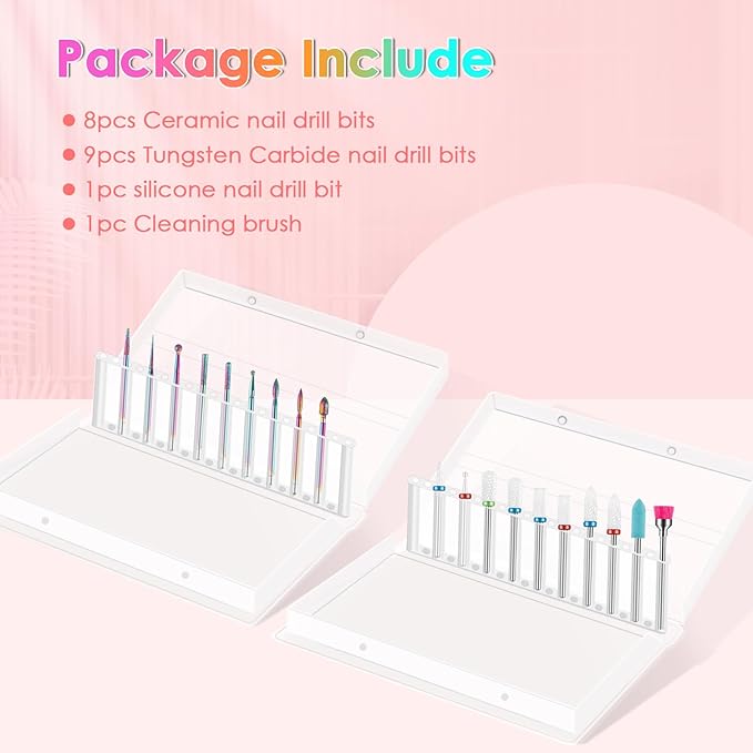 19-Pieces Nail Drill Bits Sets, 3/32 Inch Carbide and Ceramic Acrylic Gel Remover Nail Drill Bits Kit for Electric Nail File Machine, Acrylic Nail Art Tools for Manicure Pedicure, Home Salon Use