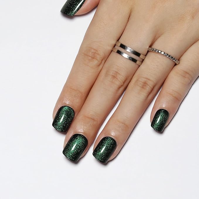 Crystal Spirit Green Press on Nails Short Square, Cat Eye Press on Nails, Fashion Gel Fake Nails, Reusable Acrylic Fake Nails, Glossy Stick on Nails, Thick Reusable Glue On Nails for Women