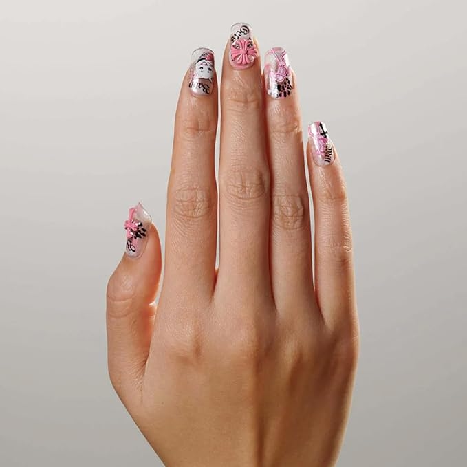 PSYTONE Square French Press on Nails Short Cute Fake Nails Acrylic Flower False Nails for Women and Girls 30 PCS 15 Size 3D Cat Pattern Pink Nails