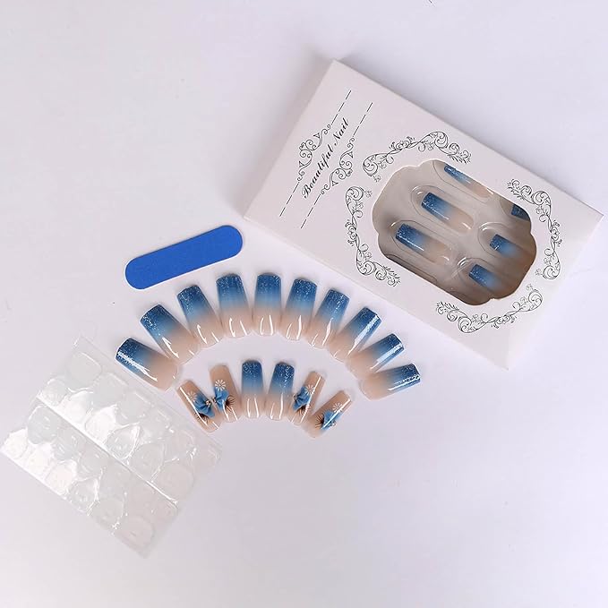 Long Square Press on Nails Light Blue Gradient French Tips Fake Nails Blue Glitter False Nails Glue on Nail with Flower Design Nails Press on Acrylic Full Cover Stick on Nail for Women