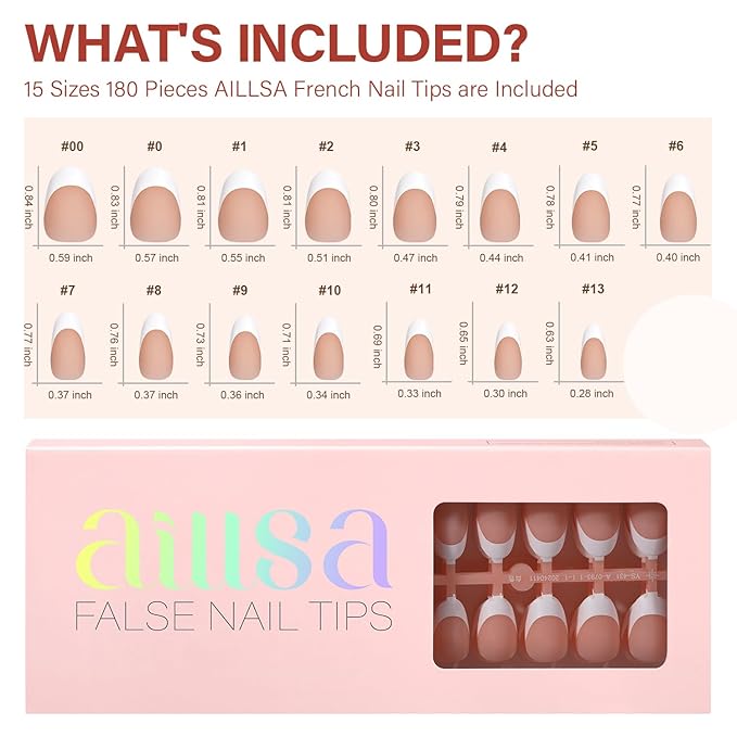 AILLSA French Gel Nail Tips, 180 Pcs French Tip Press on Nails Short Almond Brown, Pre-Applied Primer & Base Coat, No Need File, Soft Nail Tips, Fake Nails for Nail Art DIY 15 Sizes