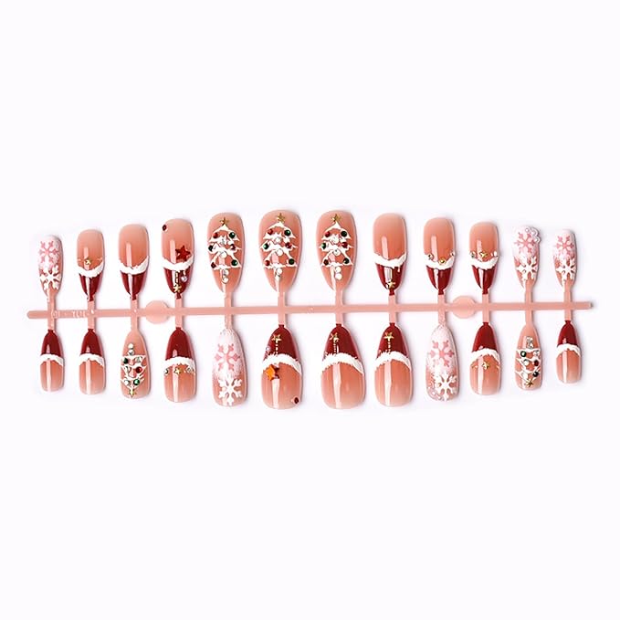 Christmas Press on Nails Medium Almond French Tip Fake Nails Xmas Tree Stick On Nails with 3d Star Pearl Rhinestones Designs Winter Snowflake Full Cover False Nails for Women Manicure Decoration 24pcs