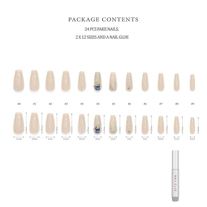 Hypnaughty 24 Pcs Jewels Rhinestone and Ombre Glitter Nude Luxury Coffin Bling Press on Nails with Design and Glue Medium Long Nude False Nails with Gems (Jewels)
