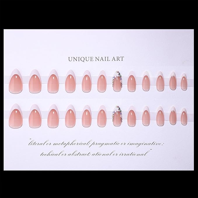French Tip Press on Nails Almond Short Fake Nails Flower False Nails with Designs Rhinestones Glossy Full Cover Acrylic Glue on Nails Cute Artificial Stick on Nail for Women Manicure 24Pcs