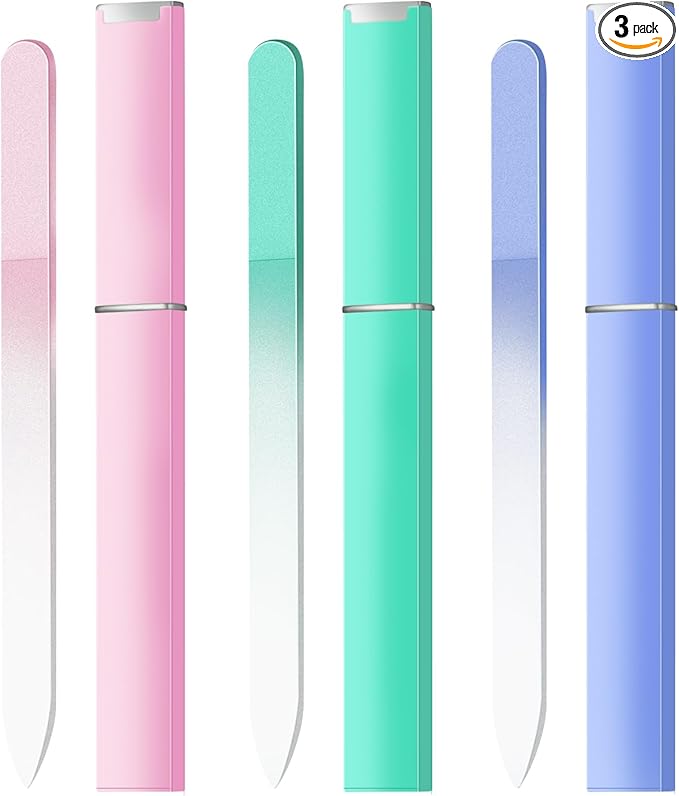 Glass Nail Files Double Side Polish Crystal Fingernail File with Case Manicure Salon Nail Care for Women Girls Pink Green Blue, 240 Grit, 3 Pack
