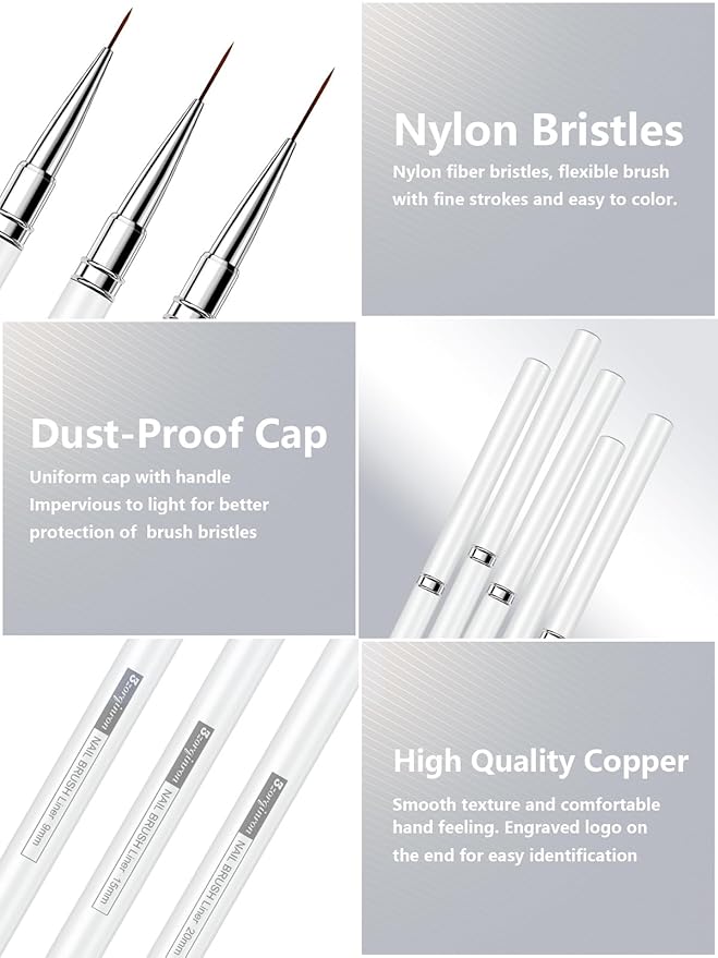 Nail Liner Brush, Fine Line Nail art Brushes 5/9/15/20/25mm Thin Line Nail Brushes Detail Drawing, Liner Brush for Nails Gel (White)