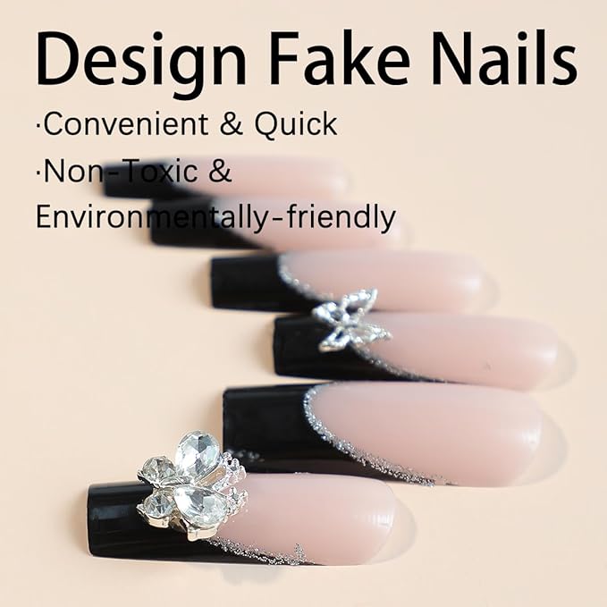 Press On Nails, Medium-Length Shiny Black False Nails Inlaid with Silver Butterflies and Rhinestones, Showing the Noble Temperament of Women and Girls False Nails - 24 Pieces (With Free Kit)