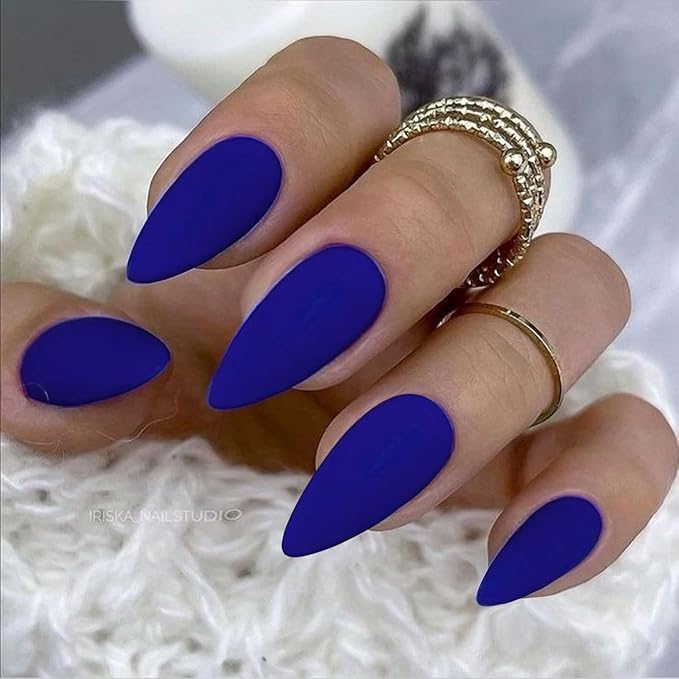 Matte Royal Blue Press on Nails Almond Shaped Medium Almond Nails Press on Neutral Acrylic Nails Reusable Fake Nails for Women, Glue on Nails Medium Length Stiletto False Nails Gel Artificial Nails