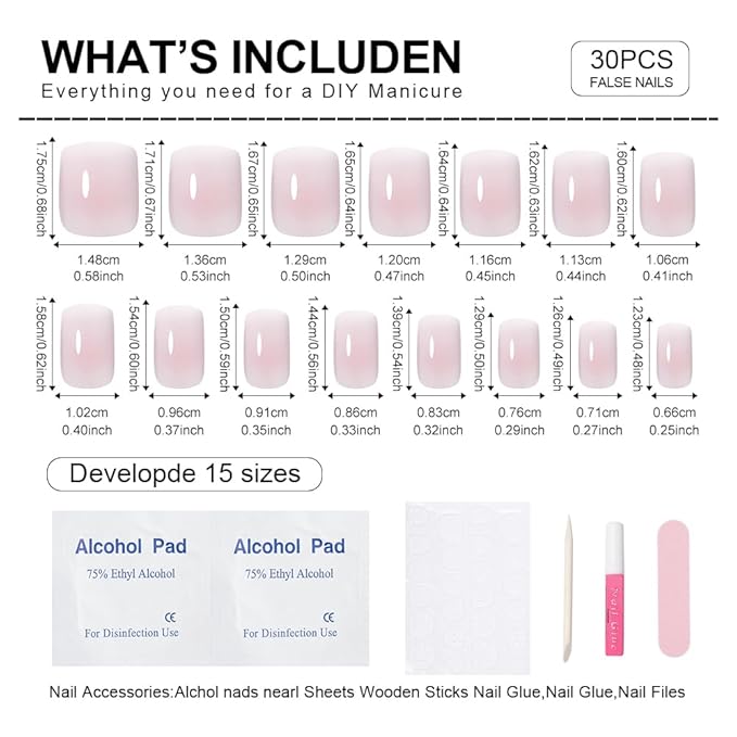 Light Pink Ombre Press On Nails Short Square, Gradient French Tip Designer Fake Nail Reusable Real Acrylic Nails for Women, Glossy Soft Gel False Nail with Glue On Nails,Wedding Stick On Nail