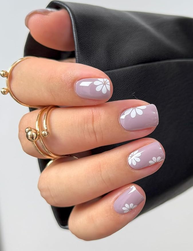 Semi Cured Gel Nail Strips (Purple Flower), 20 Pcs Gel Nail Wraps, Stickers, Salon Quality, Long Lasting, Works with Any UV Lamps
