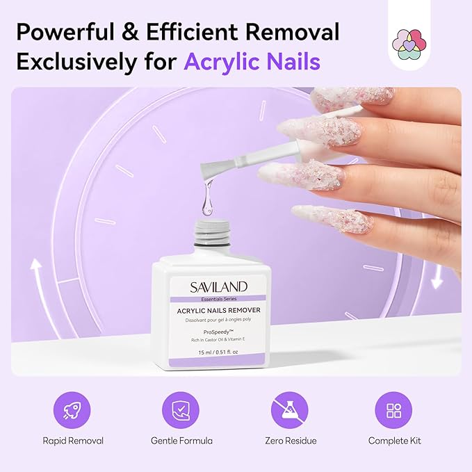 SAVILAND Acrylic Nail Remover Kit 2 Pcs: Powerful Rapid Dissolution Acrylic Remover with Cuticle Oil & Nail File Tools, No Soaking No Wrapping, Gentle Professional Set for Home Use