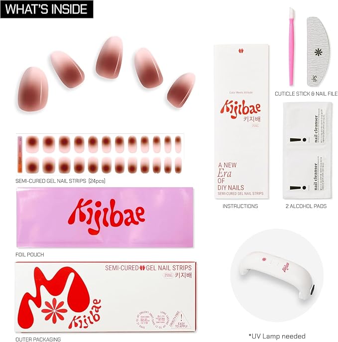 Semi Cured Gel Polish Strips | 24pc UV LED Required Wraps | Gift Peel and Stick Nails | Coquette DIY Home Manicure | Press On Alternative (Chocolate Bar)