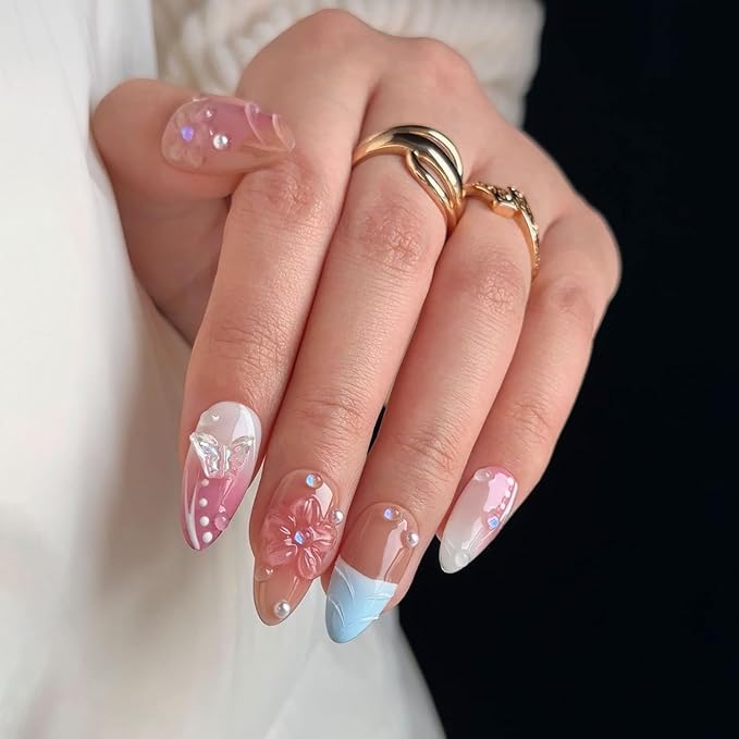 French Press on Nails Handmade Almond Nails with Glue,Nude Medium Fake Nails with 5D Flower Art ＆ Pearl Design Muti-Layer Gel Handmade Nail Acrylic Nature False Nails for Wome (Size M)