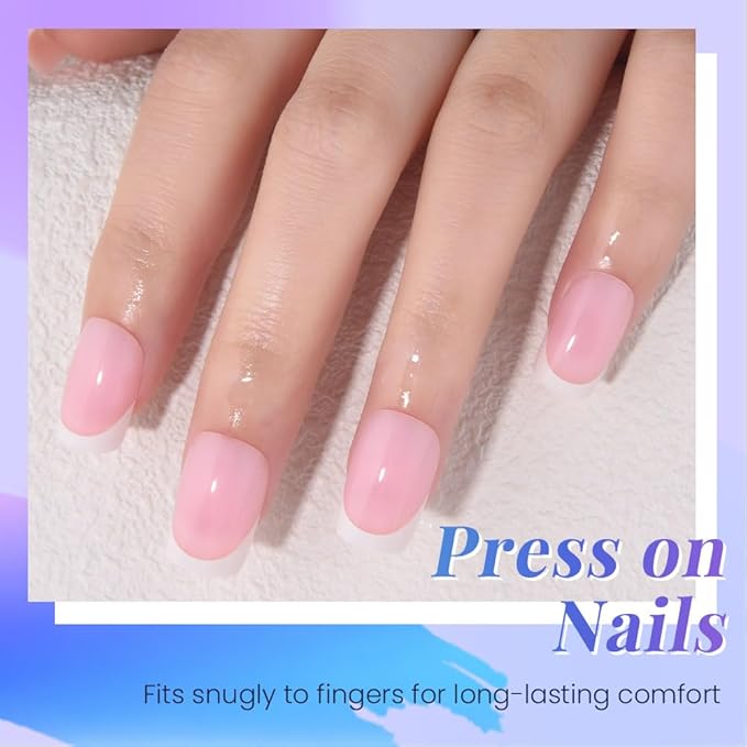 Pink White French Tips Press on Nails, Short Square Acrylic Fake Nails Design, Natural Reusable Glue-On Nails Kit for Women DIY False Nail Art Decoration Gift, Salon Quality Reusable 32 Psc