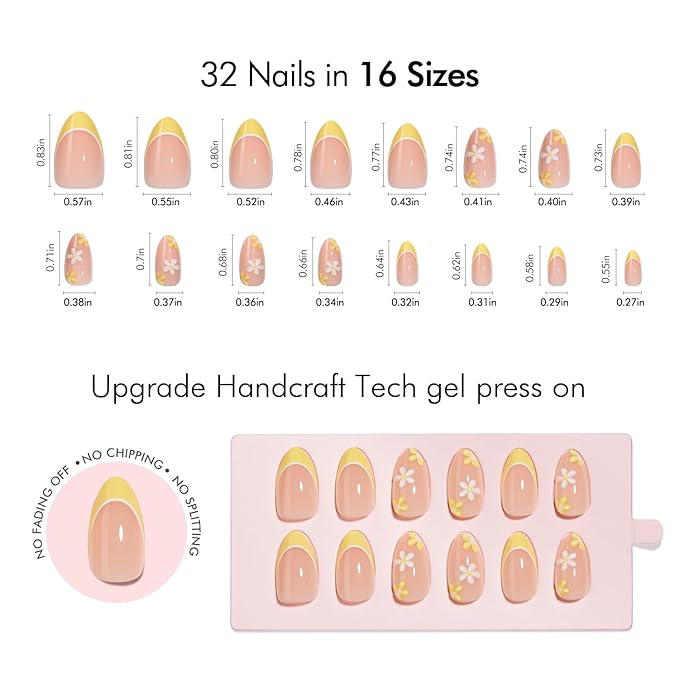VSALON Press on Nails Short Almond - Lemon Yellow French Tip 3D Flower Design Fake Nails Kit, Reusable Valentines Gel Glue on Nails with Glue & Cuticle Oil - 32 PCS Stick on Nails in 16 Sizes