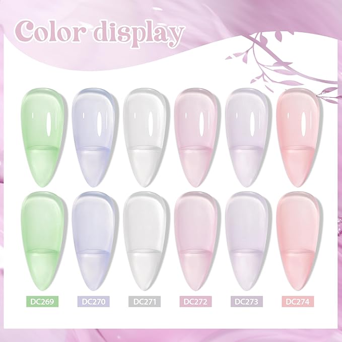 MTSSII 6PCS Jelly Gel Nail Polish Transparent Pink Green Violet Colors Sheer Nude Gel Polish Kit for Salon Gel Manicure and Nail Art DIY at Home
