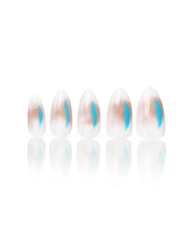 PSYTONE Short Fake Nails Square Press Ons Full Cover False Nails with Light Blue Flower Brown Designs Acrylic Press Ons Artificial Glossy Stick Ons Reusable Glue Ons for Women 30 Pcs
