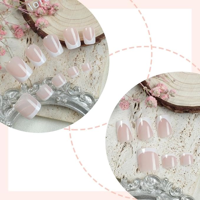 48Pcs White French Tips Press on Nails Nude Pink Press on Toenails Short Square Fake Toenails with Designs Full Cover Fake Nails Glossy Reusable Summer False Toenails for Women Girls DIY Manicure