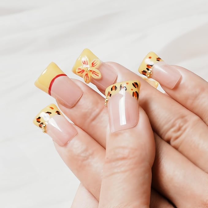 Handmade Press on Nails Short Duck Luxury 3D Leopard Print - Yellow French Tips with Hibiscus Flower Charms, Reusable Thick Acrylic Full Cover (Blush Yellow Leopard Bloom, M)