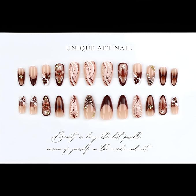 French Tip Press on Nails Medium Almond Fake Nails White Brown Nails Press Ons Brown Flower False Nails with Gold Rhinestones Design Glossy Glue on Nail Acrylic Stick on Nail for Women Set 24Pcs