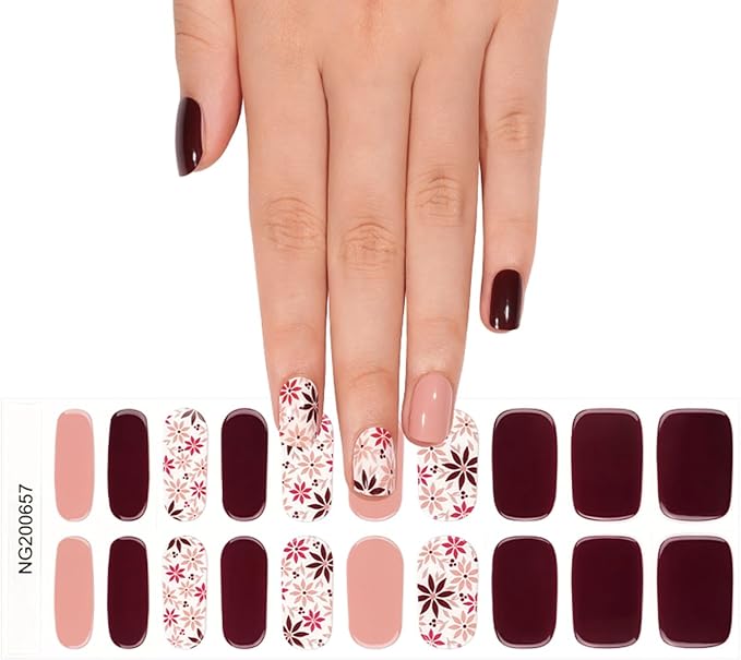 Semi Cured Gel Nail Strips - 20Pcs Brown UV Gel Nail Wraps with Fall Leaves Design, Long Lasting Salon-Quality Stickers, Includes Nails File & Wooden Stick - UV/LED Lamp Required