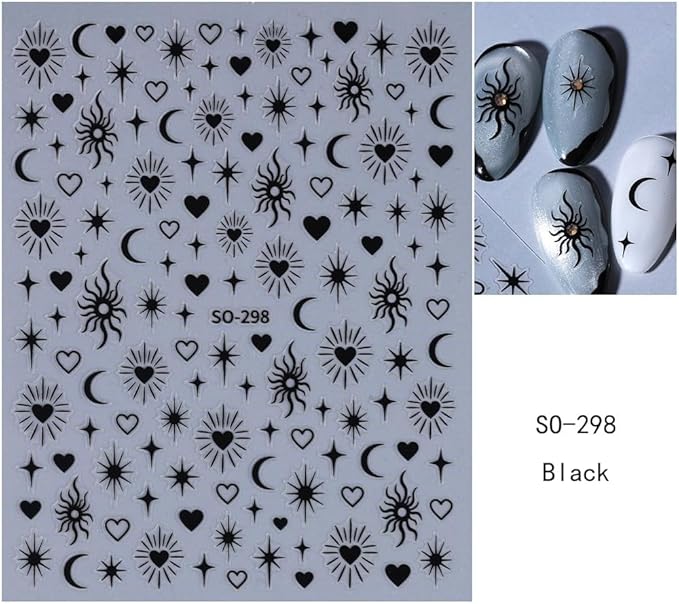 Gold Nail Stickers 5D Embossed Black White Star Nail Decals 3D Self Adhesive Moon Sun Nail Art Stickers Hearts Nails Designs Celestial Nails Supplies for Women DIY Manicure 6 Sheets