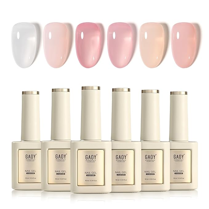 GAOY 16ml 6 Colors Jelly Gel Nail Polish, Sheer Pink Orange Transparent Soak Off UV Light Cure Gel Polish Kit for Salon and Nail Art DIY at Home, Milky White x Jelly Nude