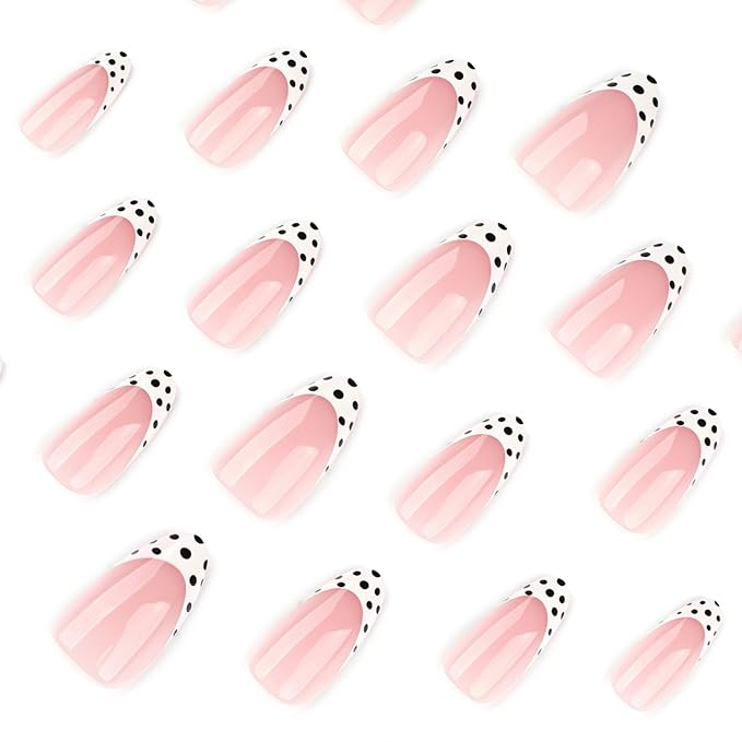 French Tip Press on Nails Polka Dot Fake Nails Almond Medium False Nails Cute Glue on Nails Reusable Acrylic Nail Glossy full Cover Stick on Nail for Women Manicure Deco 24Pcs